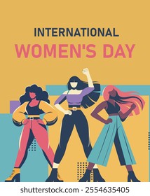 Happy Women's Day. Women's Equality Day. Women symbolize the fight for women's rights. Woman raises her hand up in a clenched fist, Bright vector illustration with space for text. Ideal for equality