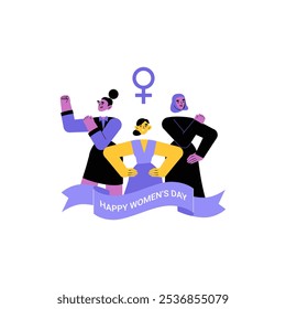 Happy Womens Day With Female Characters And Feminist Symbols In Flat Vector Illustration Symbolizing Empowerment, Unity, And Gender Equality, Isolated On White Background