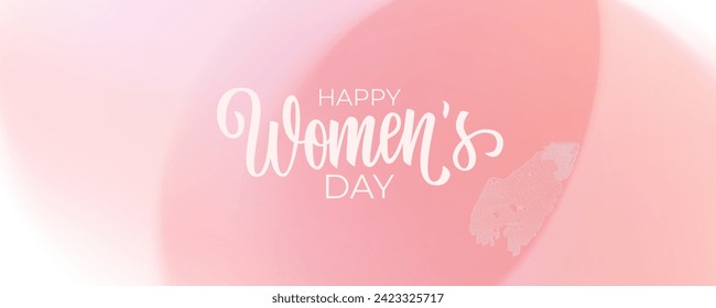 Happy Women's Day festive banner with hand lettering and soft pink blurred gradient background. Vector illustration.