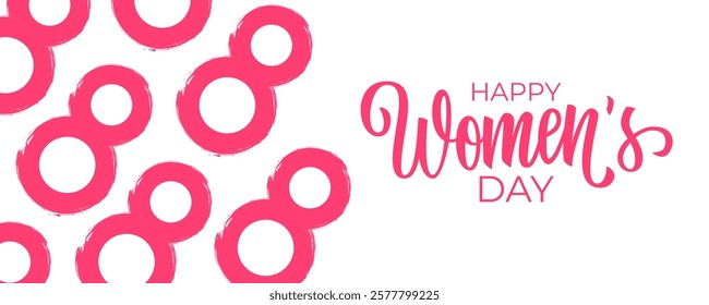 Happy Women's Day festive banner with hand lettering. Number 8 brush stroke. Vector illustration.