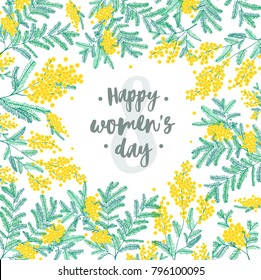 Happy Women's Day festive wish against figure eight on background surrounded by beautiful blooming yellow mimosa flowers and green leaves. Elegant vector illustration for 8 march greeting card.