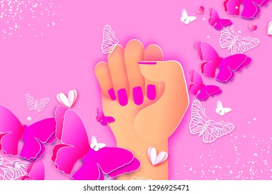 Happy Womens day. Fist raised up. We can do it. Fight like a girl, woman. Feminine concept and woman empowerment design in paper cut style.Butterfly and hearts. Pink.