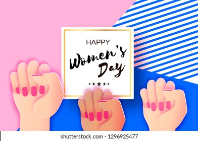 Happy  Women's day. Fist raised up. We can do it. Fight like a girl, woman. Feminine concept and woman empowerment design in paper cut style.