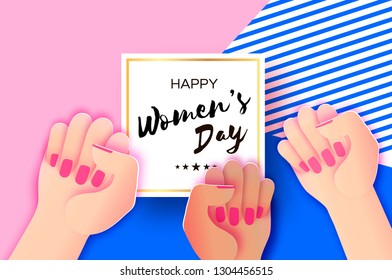 Happy Womens day. Fist raised up. We can do it. Fight like a girl. Feminine concept and woman empowerment design in paper cut style.