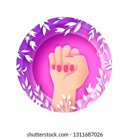 Happy Womens day. Fist raised up. We can do it. Fight like a girl, woman. Feminine concept and woman empowerment design in paper cut style. Flowers and leaves. Circle frame. Pink,