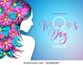 Happy Womens Day Floral Greeting Card Design. International Female Holiday Illustration with Women Silhouette, Flower and Typography Letter Design on Blue Background. Vector International 8 March