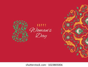 Happy Womens Day Floral Greeting Card Design. International Female Holiday Illustration with Floral 8 digit. 