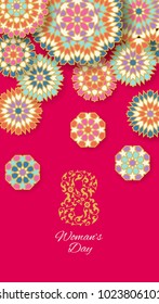 Happy Womens Day Floral Greeting Card Design. International Female Holiday Illustration with Floral 8 digit. 
