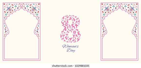 Happy Womens Day Floral Greeting Card Design. International Female Holiday Illustration with Floral 8 digit. 