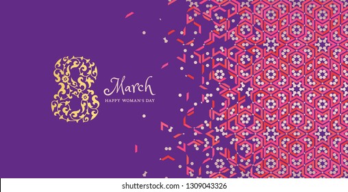 Happy Womens Day Floral Greeting Card Design. International Female Holiday Illustration with Floral 8 digit. 