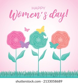 happy women's day with flowers and butterflies . vector illustration