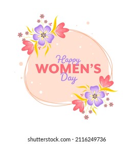 Happy Women's Day Font With Beautiful Floral Decorated On Pink And White Background.