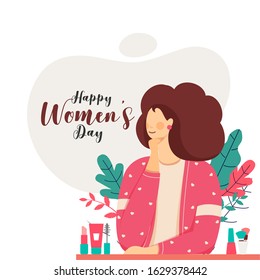 Happy Women's Day Font with Cartoon Young Girl, Makeup Items and Leaves on White Background.