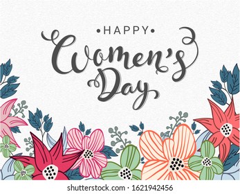 Happy Women's Day Font with Colorful Flowers and Leaves Decorated on White Concrete Texture Background.