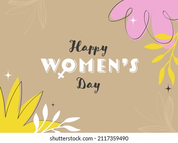 Happy Women's Day Font With Female Gender Sign And Floral Decorated On Brown Background.