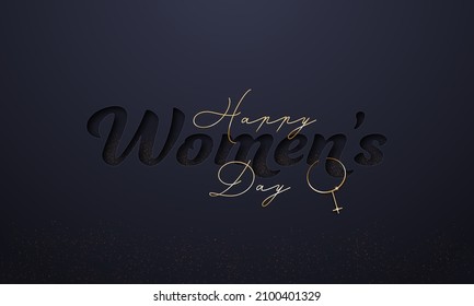 Happy Women's Day Font With Golden Female Gender Sign On Black Light Effect Background.