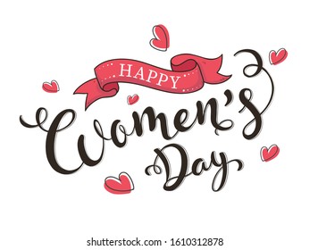 Happy Women's Day Font with Hearts on White Background.