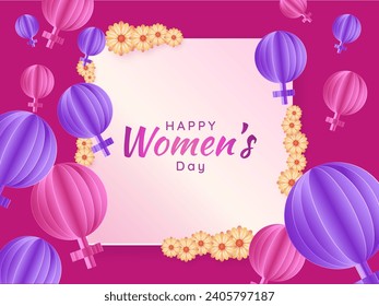 Happy Women's Day Font Message Given Frame, Decorated with Flowers and Paper Cut Female Gender Symbols.