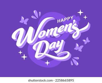 Happy Women's Day Font On Violet Eight Number Background With Butterflies.