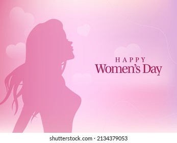 Happy Women's Day Font With Silhouette Young Lady And Hearts On Gradient Pink And Violet Background.