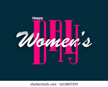 Happy Women's Day Font in White and Pink Color on Blue Background.