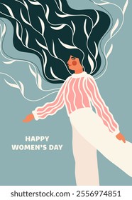 Happy Women's Day. Women's Day. Freedom, feminism, movement. A woman with flowers in her hair. Vector illustration for March 8th	
