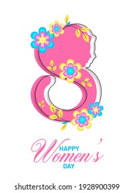 Happy Womens Day Getting Card with Text 8 Decorated With Colorful Flowers and a Women Face.