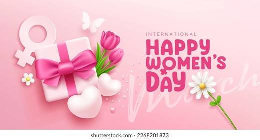 Happy women's day gift box pink bows ribbon with tulip flowers and butterfly, heart, white flower, banner concept design on pink background, EPS10 Vector illustration.
