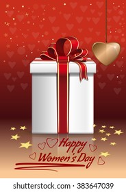 Happy Women's Day. Gift box on a red background with hearts. Vector Women's Day greeting card.
