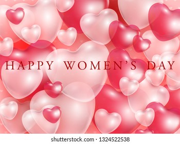 Happy Women's day gift card with red and pink 3d heart shapes transparent balloons - vector illustration of romantic. Beautiful love festive poster for 8 march.