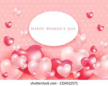 Happy Women's day gift card with red and pink 3d heart shapes transparent balloons - vector illustration of romantic. Beautiful love festive poster for 8 march.