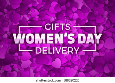 Happy Women's Day Gifts Vector Illustration. Typographic Design Text. Abstract Purple and Violet Color 3D Hearts Pattern Dense Structure with Subtle Texture
