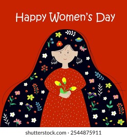 Happy Women's Day. Girl with flowers in her hair. Card for Women's Day, Valentine's Day, birthday. vector illustration