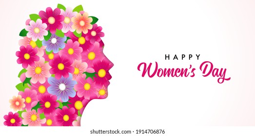 Happy Women's day, girl head with flowers pattern. Greeting card on March 8 with paper cut women head silhouette cutout vector illustration, hand drawn calligraphy and pink flower