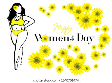 HAPPY WOMEN'S DAY. Girl on a background of yellow greetings. Vector illustration on a white background. Brunette in a swimsuit.