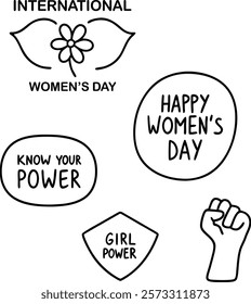 Happy Women's Day with Girl Power square banner, card and March 8th design Circle Icon Combo Set. Hand Drawn Line art  and greeting card, stickers, web banners, poster, elements and ready for print.
