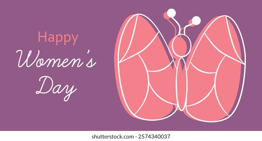 Happy Women's Day Greeting with a Butterfly Design on Purple Background. Celebrate International Women's Day with this cheerful greeting featuring a butterfly illustration and purple background. 