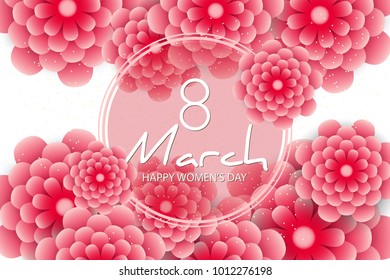 Happy Women's Day greeting card. Elegant floral background with paper flowers, transparent frame for text, sparkling confetti. Happy Mother's Day, 8 march. Vector illustration