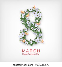 Happy women's day greeting card. Postcard on March 8. Text with flowers and butterflies