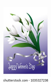 Happy Women's Day. Greeting card with snowdrops and silver ribbon with a bow on a lilac background. Inscription.
