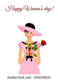 Happy women's day greeting card with cute adorable girl in pink dress and hat holding gift and beautiful red rose in hands isolated on white background.