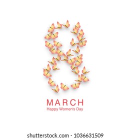 Happy women's day greeting card. Postcard on March 8. A figure eight composed of butterflies