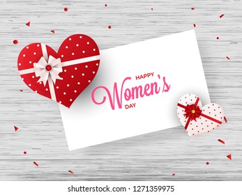 Happy Women's Day greeting card design with illustration of heart shape gift boxes on wooden texture background.