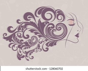 Happy Women's Day greeting card or background with a sketch of a women with floral decorative hairs.