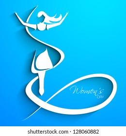 Happy Women's Day greeting card or background with sketch of a happy lady and text on blue.