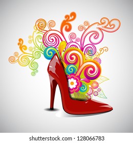 Happy Women's Day greeting card or background with a red ladies shoe on floral decorative background.