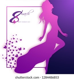 Happy Women's Day greeting card design with beautiful lady character and butterfly illustration.