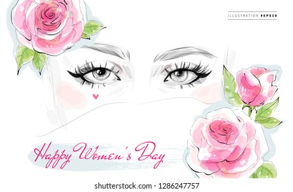Happy Women's Day greeting card background design. Hand drawn fashion illustration. Beautiful female eyes with rose flowers.