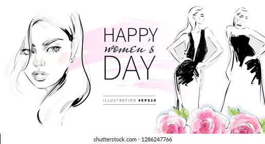 Happy Women's Day greeting card background design. Hand drawn fashion illustration.