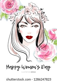 Happy Women's Day greeting card background design. Hand drawn vector fashion illustration. Beautiful young girl with rose flowers.